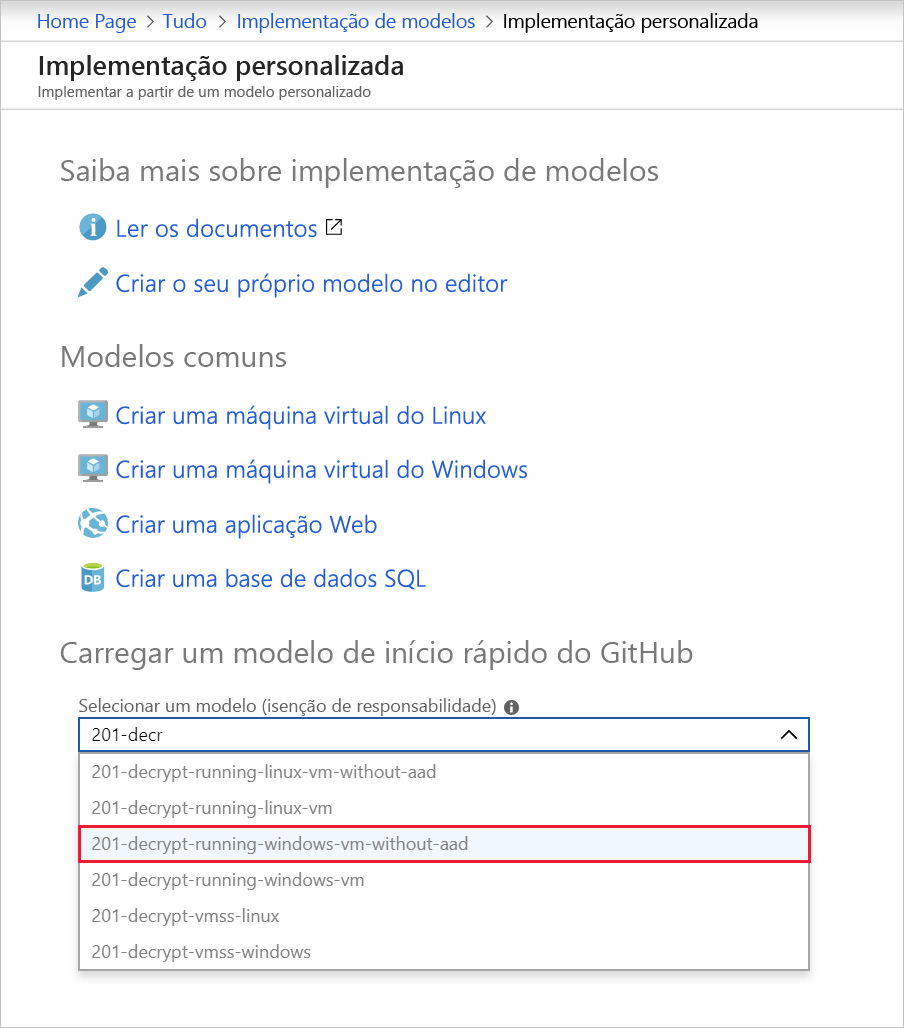 Captura de tela mostrando a caixa de pesquisa Selecionar um modelo com preenchimento automático.