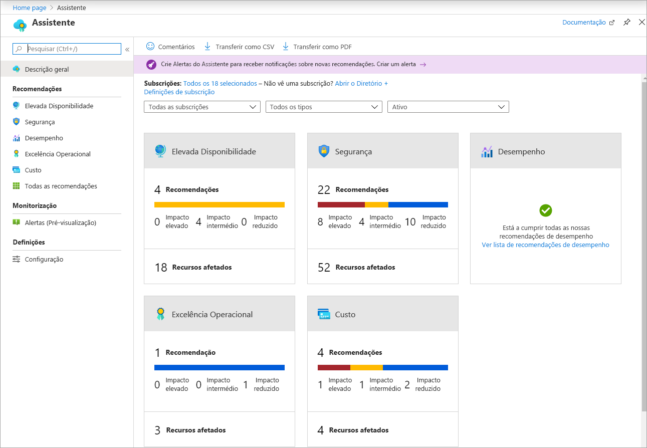 Captura de ecrã da página Descrição Geral do Consultor do Azure no portal do Azure.