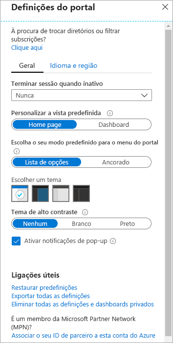 Captura de ecrã do painel de definições do portal do Azure.