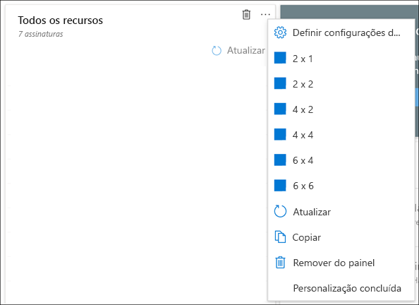 Captura de ecrã de um mosaico com o menu de contexto a apresentar diferentes opções de dimensionamento.