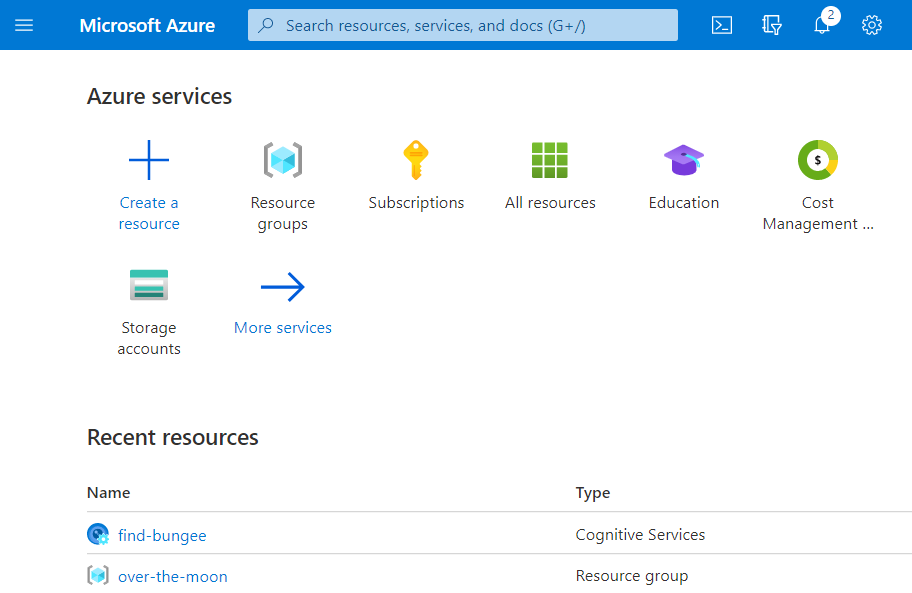 Captura de ecrã do portal do Azure com o nosso grupo de recursos e o recurso de Visão Personalizada.