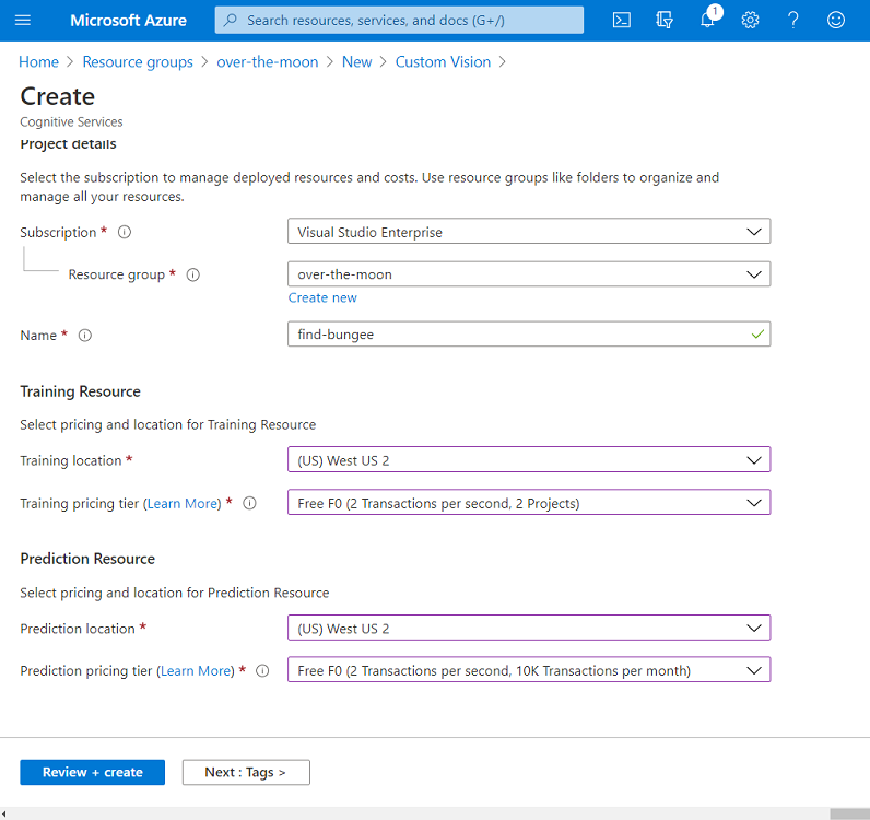 Captura de ecrã que mostra a criação de um novo recurso de Visão Personalizada no Azure.