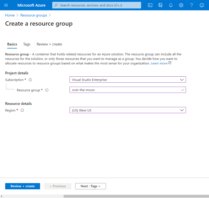 Captura de ecrã que mostra a criação de um novo grupo de recursos no Azure.