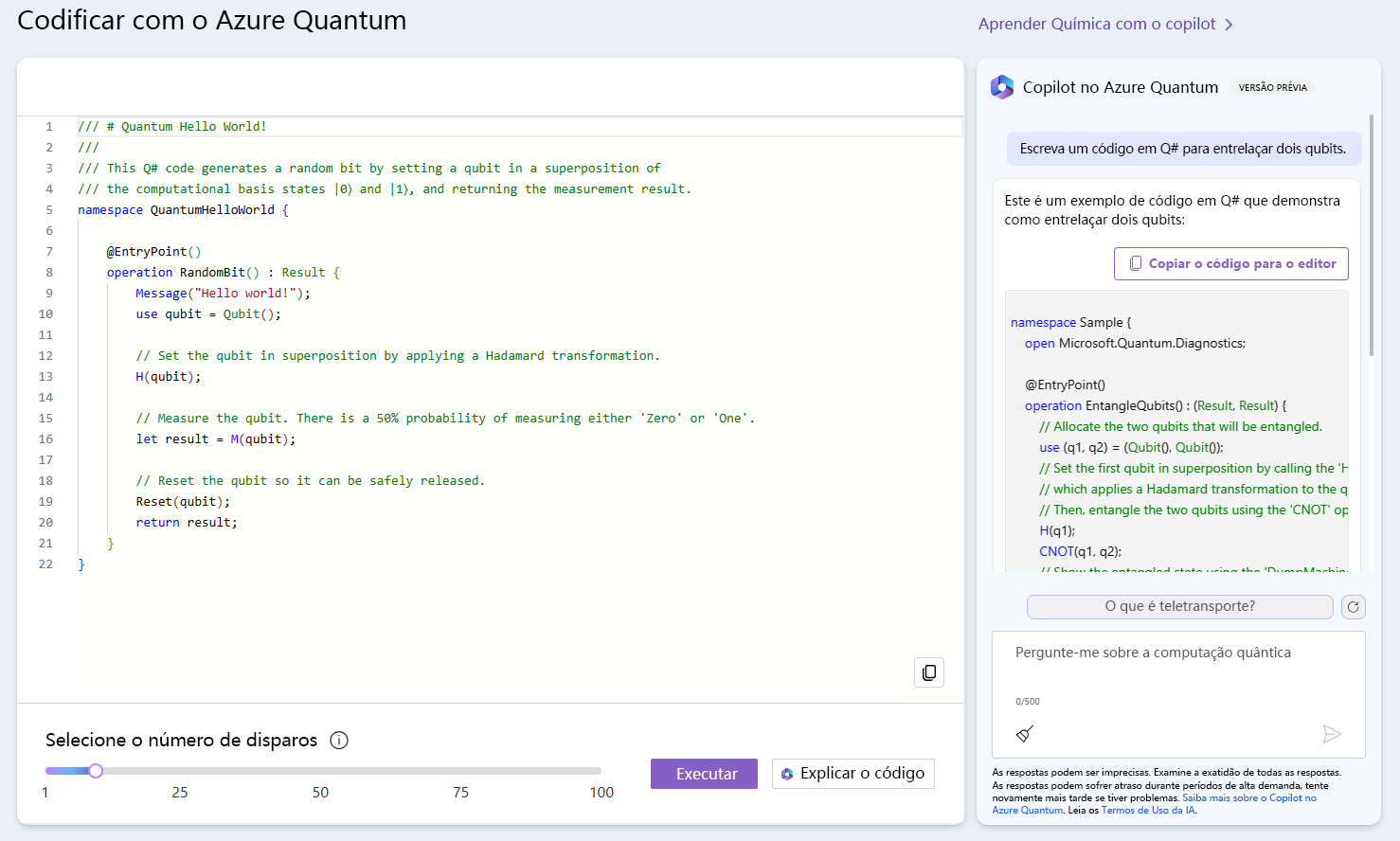 Captura de tela do Copilot no Azure Quantum mostrando uma amostra e a resposta do Copilot a uma pergunta para gerar um novo código.