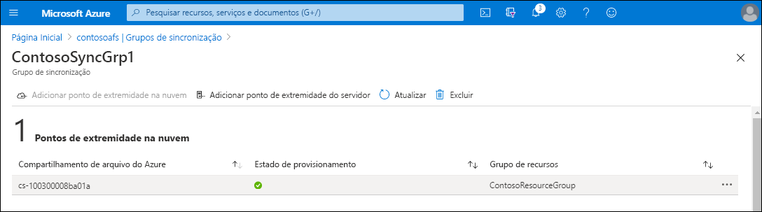 Uma captura de tela da página ContosoSyncGrp1 no portal do Azure. Um ponto de extremidade na nuvem lista o nome do Compartilhamento de Arquivos do Azure e o Grupo de Recursos.