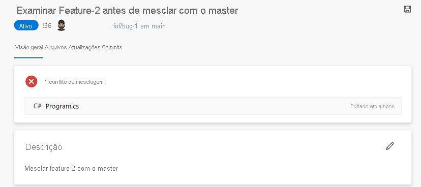 Captura de tela de conflitos de mesclagem da solicitação pull.