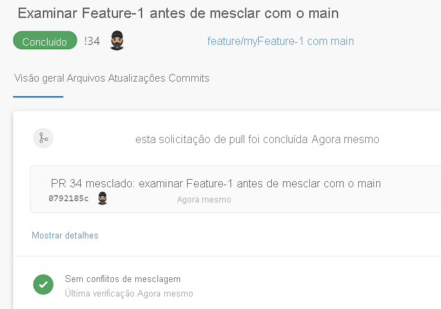 Captura de tela da solicitação pull com alterações de código aprovadas e concluídas.
