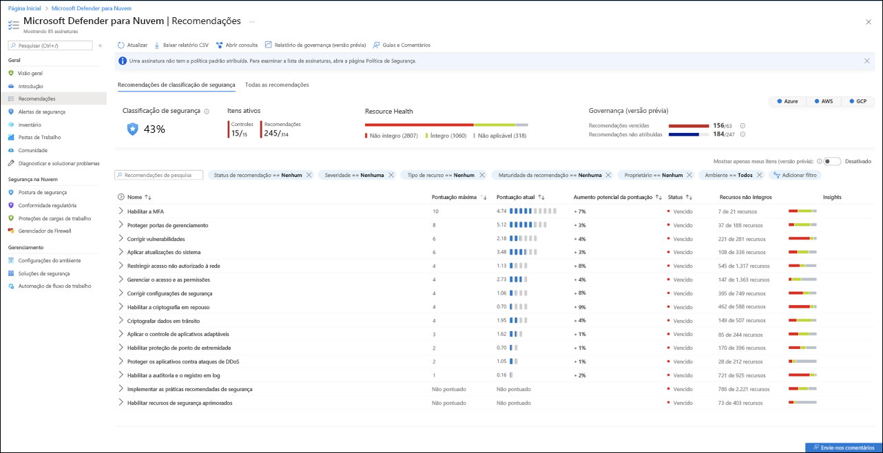 Captura de ecrã a mostrar a página de recomendações do Microsoft Defender for Cloud.