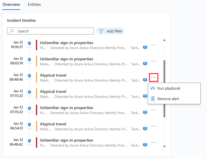 Captura de tela mostrando um exemplo da página de detalhes da linha do tempo do incidente no Microsoft Sentinel.