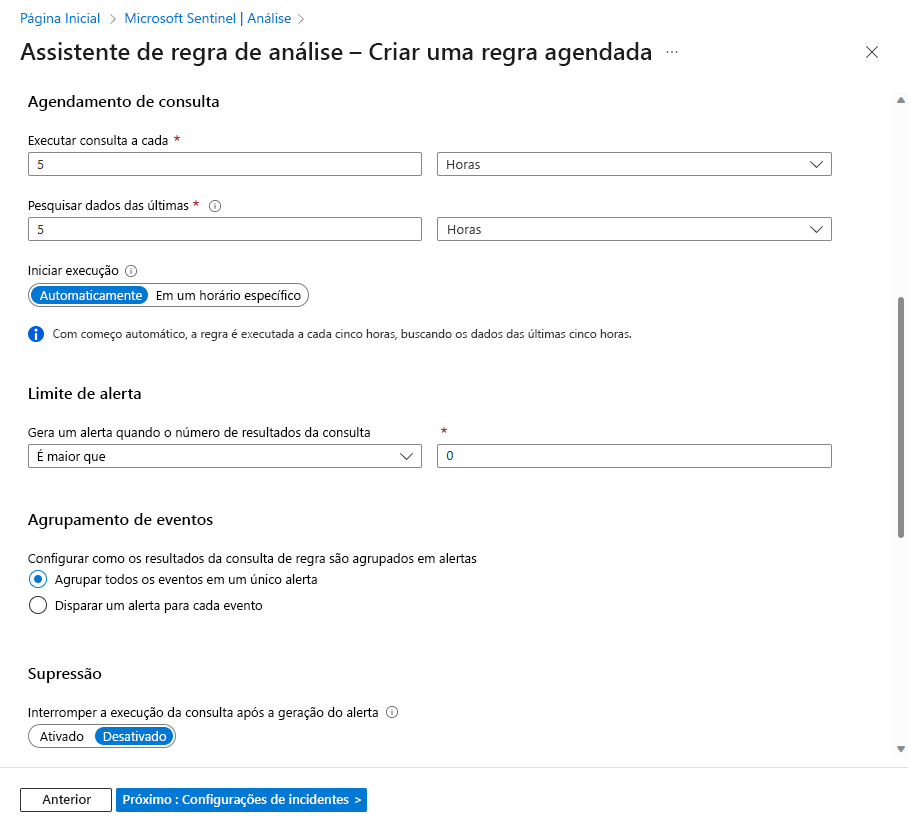 Captura de ecrã a mostrar um exemplo de criação de uma nova regra agendada.