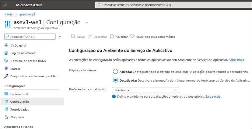 Captura de tela mostrando a página de configuração do ambiente de serviço do aplicativo.