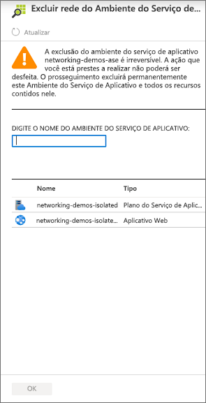 Captura de tela mostrando como excluir um ambiente de serviço de aplicativo.