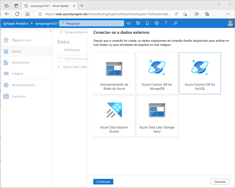 Uma captura de tela do Azure Synapse Studio mostrando a página Conectar a dados externos.