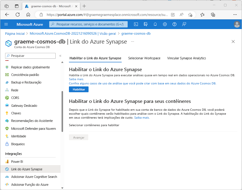 Uma captura de tela mostrando a opção para habilitar o Azure Synapse Link para uma conta do Cosmos DB para NoSQL.