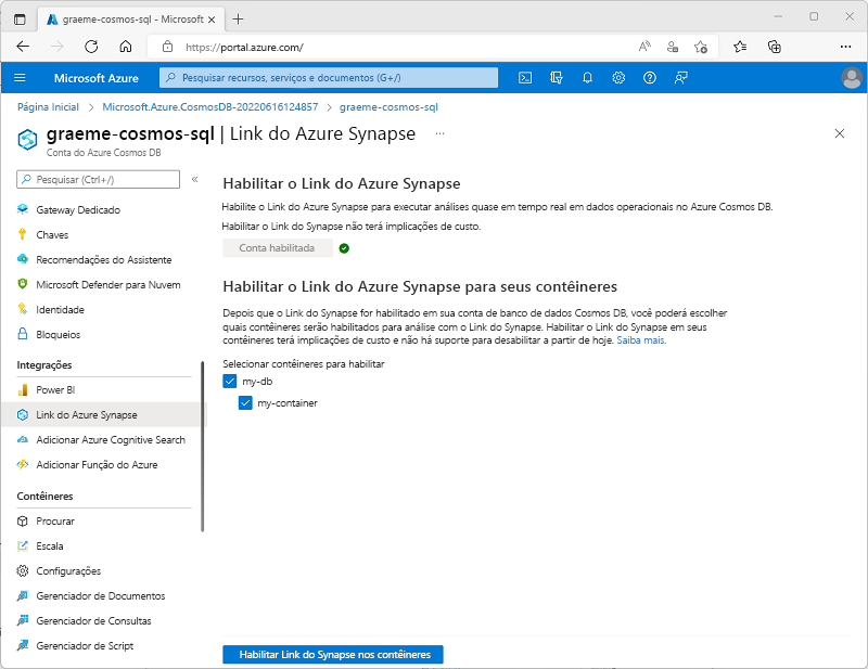 Captura de ecrã a mostrar a página Azure Synapse Link no portal do Azure, com um contentor existente selecionado e o botão Ativar Link Synapse no seu contentor ativado.