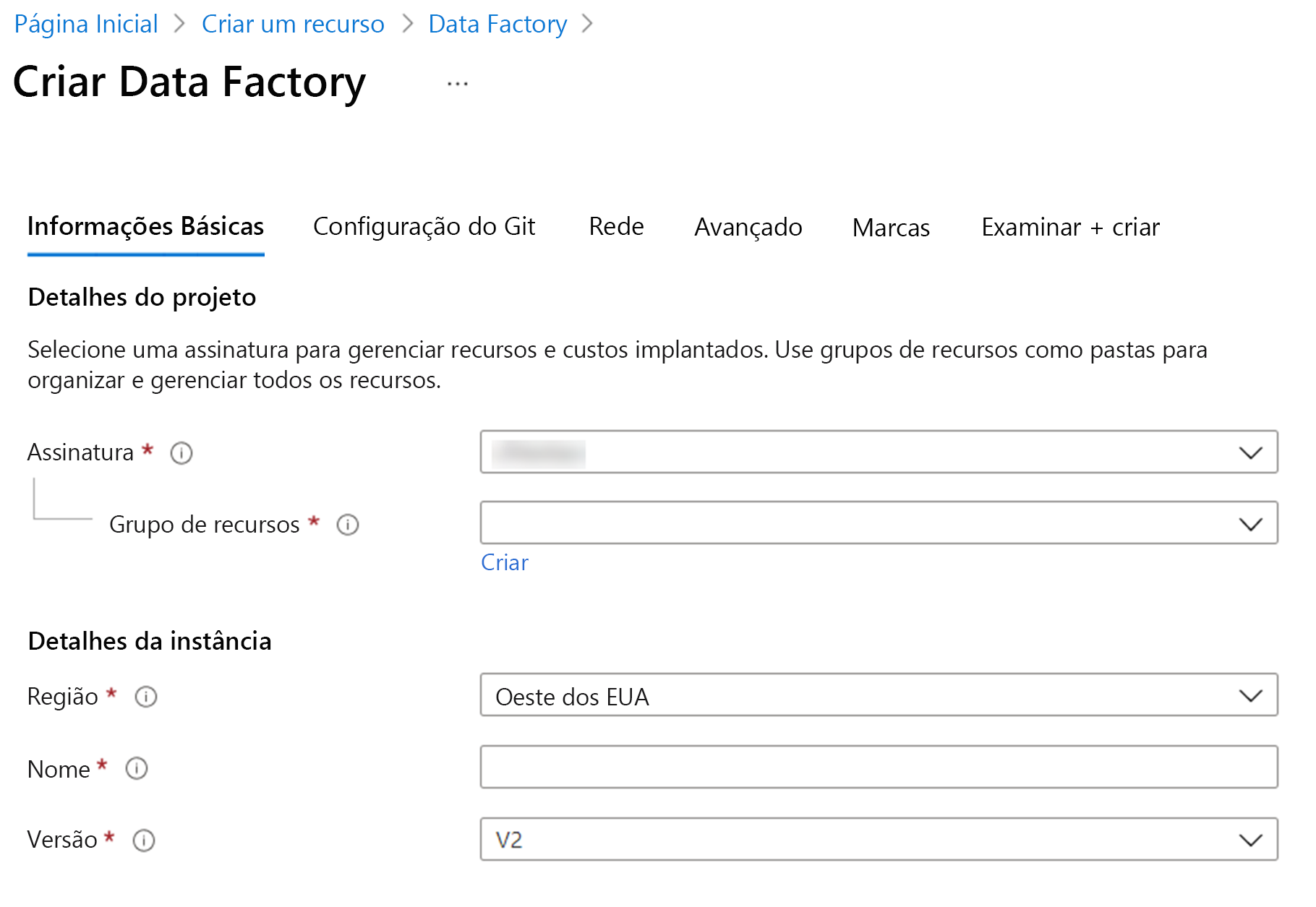 Criando uma instância do Azure Data Factory