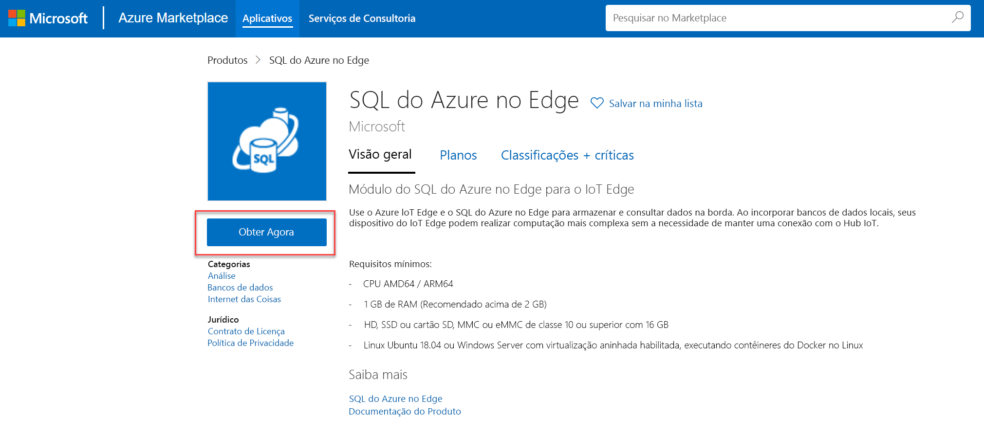 The Azure SQL Edge module overview screen displays with the Get It Now button highlighted.