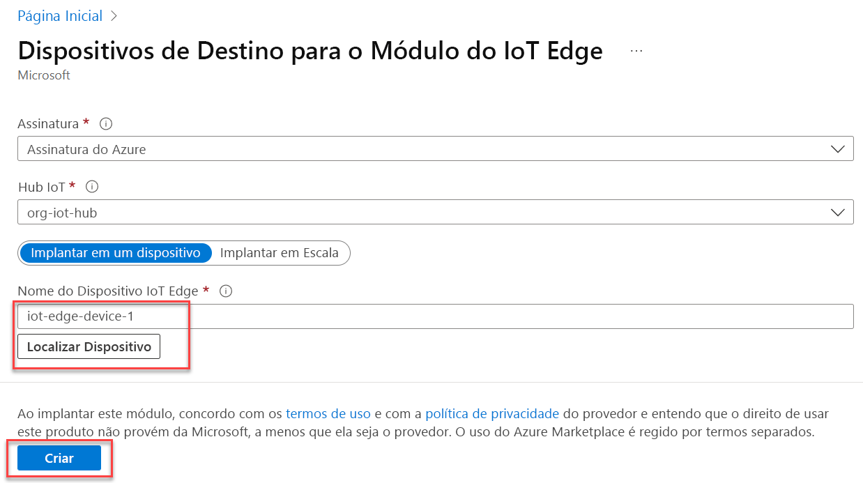 A form displays prompting for IoT Edge Device Name. The Create button is highlighted.