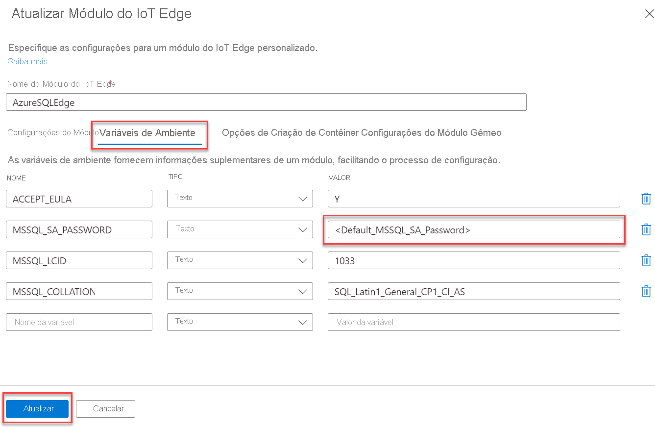 The IoT Edge Module Environment Variables tab is selected along with the value for MSSQL_SA_PASSWORD. The Update button is highlighted.