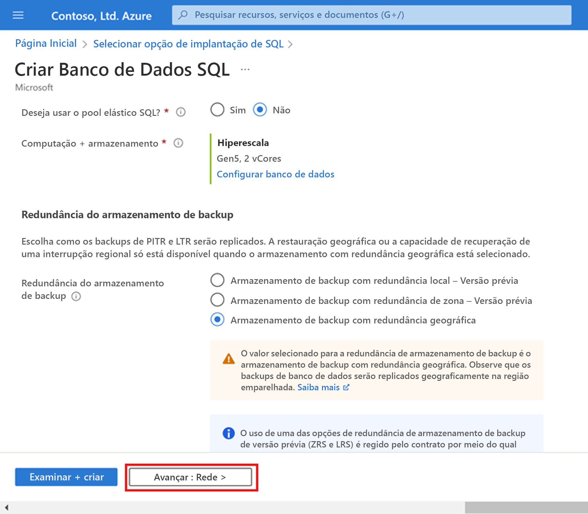 Página de rede ao provisionar um Hiperdimensionamento do Banco de Dados SQL do Azure