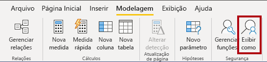 Screenshot shows the Power B I Desktop Modeling ribbon. The “View as” command is highlighted.