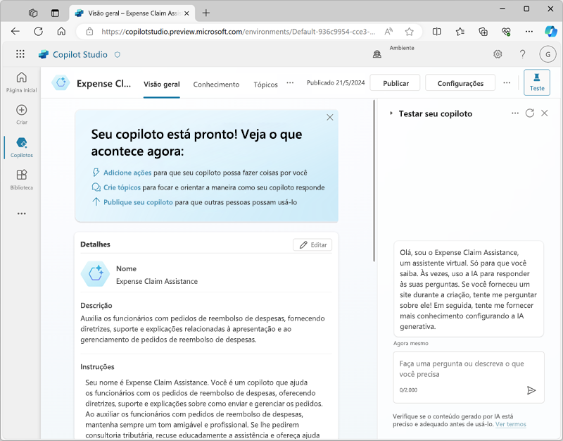Screenshot do Copilot Studio.