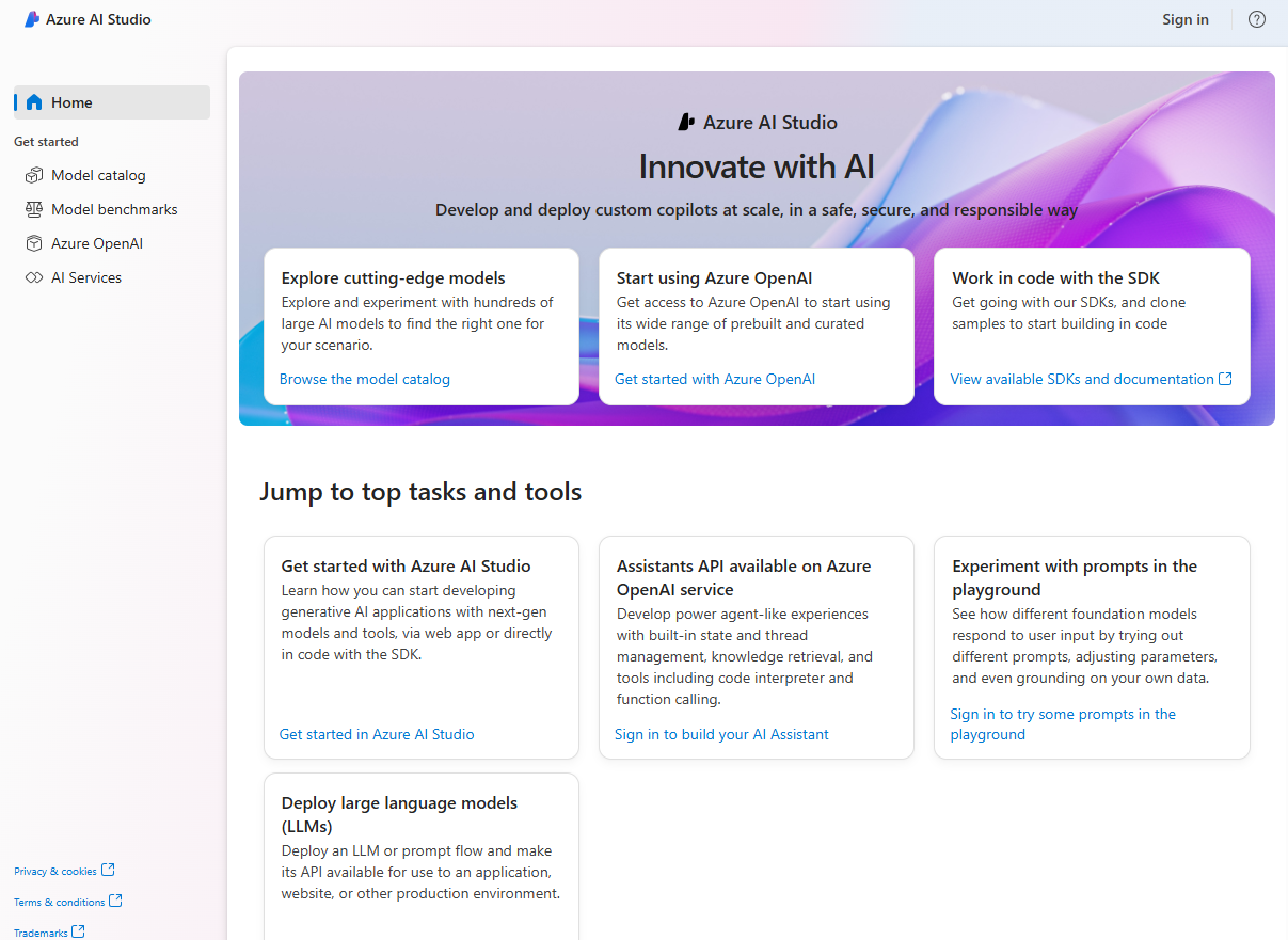 Captura de ecrã da home page do Azure AI Studio.