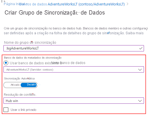 Captura de ecrã a mostrar a nova página do grupo de sincronização a partir do portal do Azure.