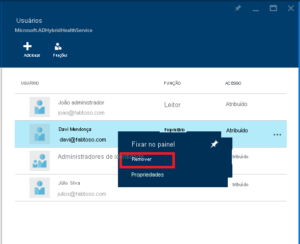 Screenshot of Microsoft Entra Connect Health and Azure RBAC with Remove highlighted.