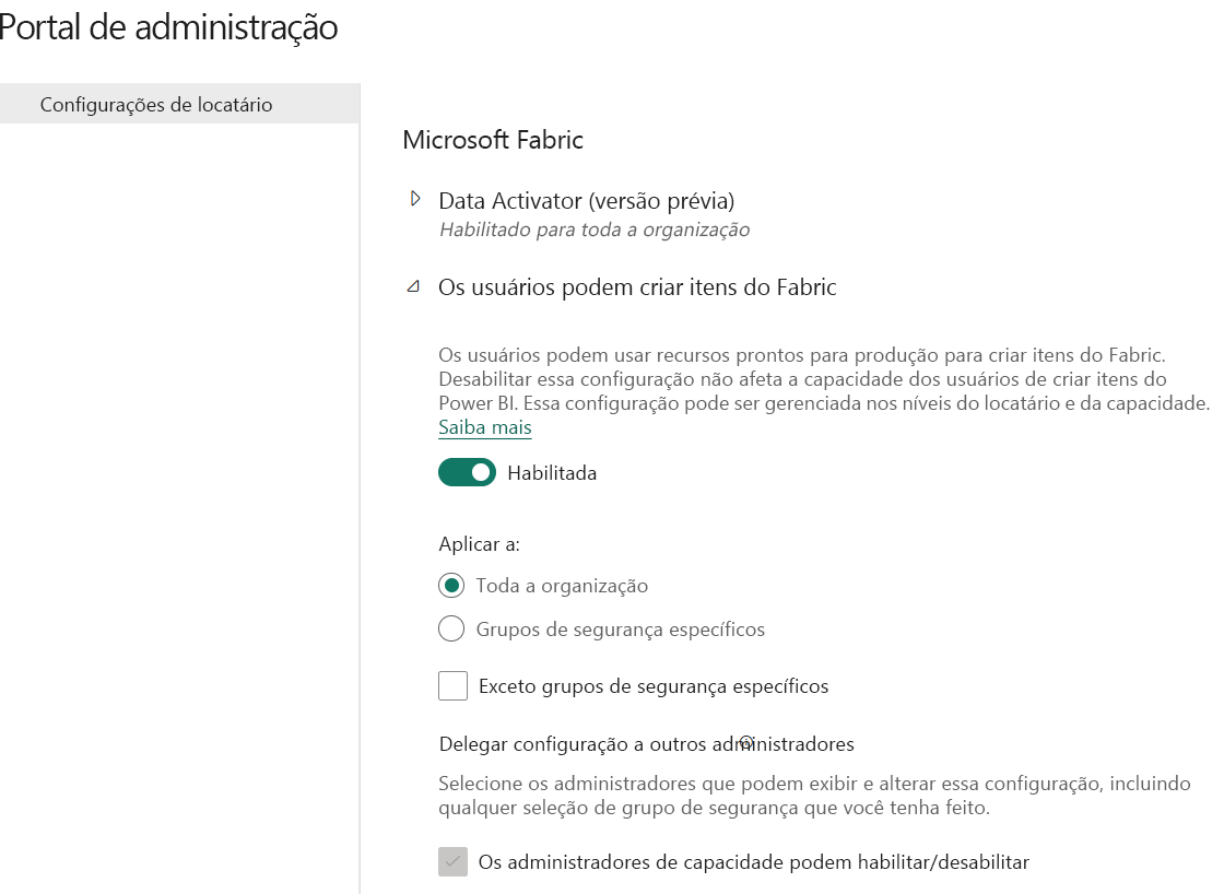 Captura de ecrã das definições do Inquilino no portal de administração.