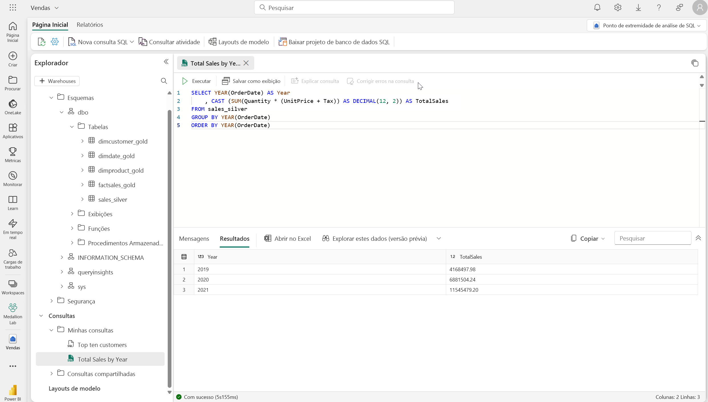 Captura de tela do ponto de extremidade de análise SQL na interface do usuário do Fabric.