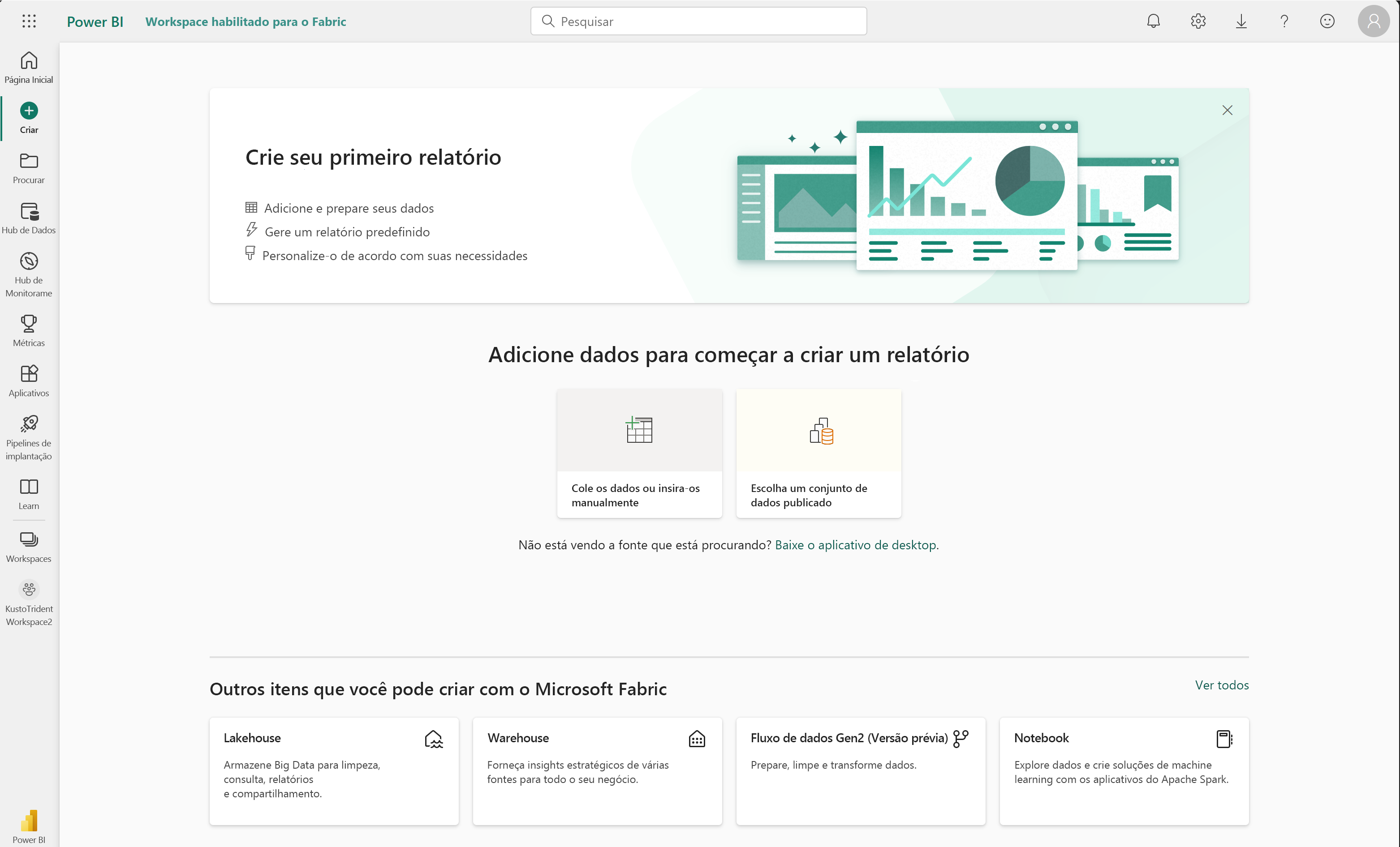 Screenshot of the Power BI service with the Create menu highlighted in the upper left corner of the user interface.