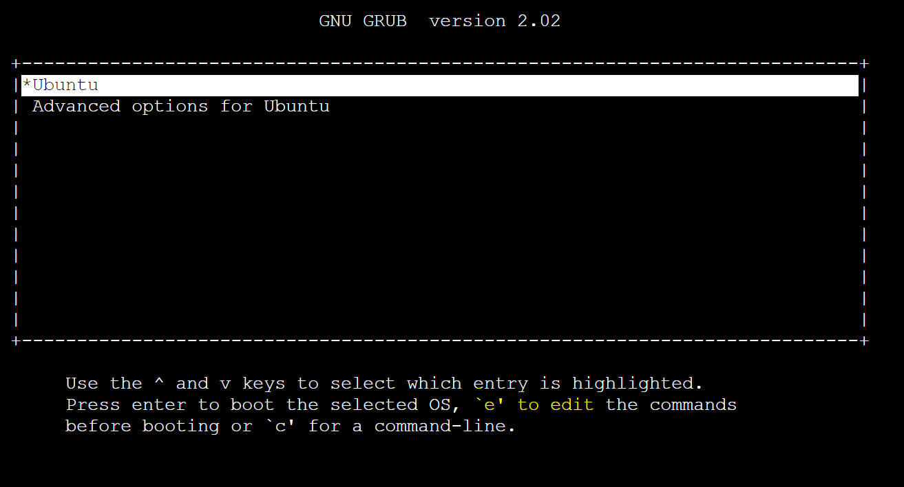 Captura de tela da entrada *Ubuntu na inicialização da tela do sistema operacional selecionado no GRUB.