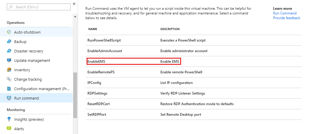 Captura de tela da página de comando Executar do portal do Azure, com o comando EnableEMS realçado.