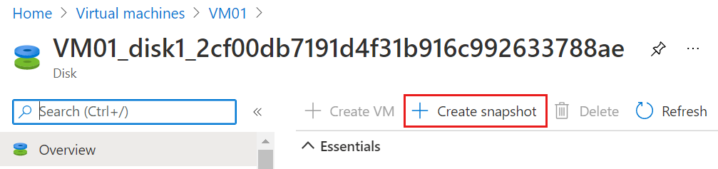 Captura de tela da folha de visão geral de um disco com a opção criar instantâneo realçada.