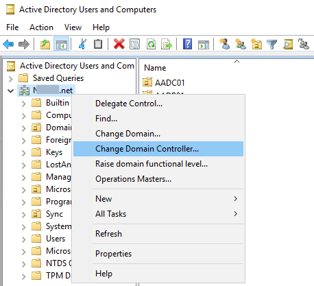 Captura de tela da opção Alterar Controlador de Domínio do Active Directory.