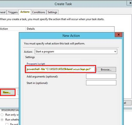 O WSUS adiciona uma linha de script para iniciar a tarefa.