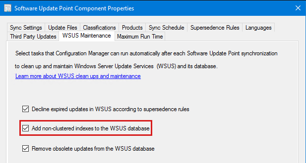 Local da opção Adicionar índices não agrupados ao banco de dados do WSUS na configuração SUP do Configuration Manager.