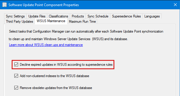 Captura de tela da opção Recusar atualizações expiradas no WSUS de acordo com a opção de regras de substituição na guia Manutenção do WSUS.