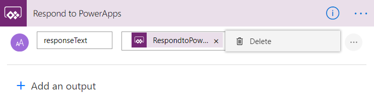 Captura de tela da remoção de uma saída de uma ação Responder ao Power Apps.