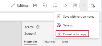Captura de tela que mostra um sub-menu expandido para o item salvar menu no Power Apps Studio. A opção Baixar uma cópia está realçada.