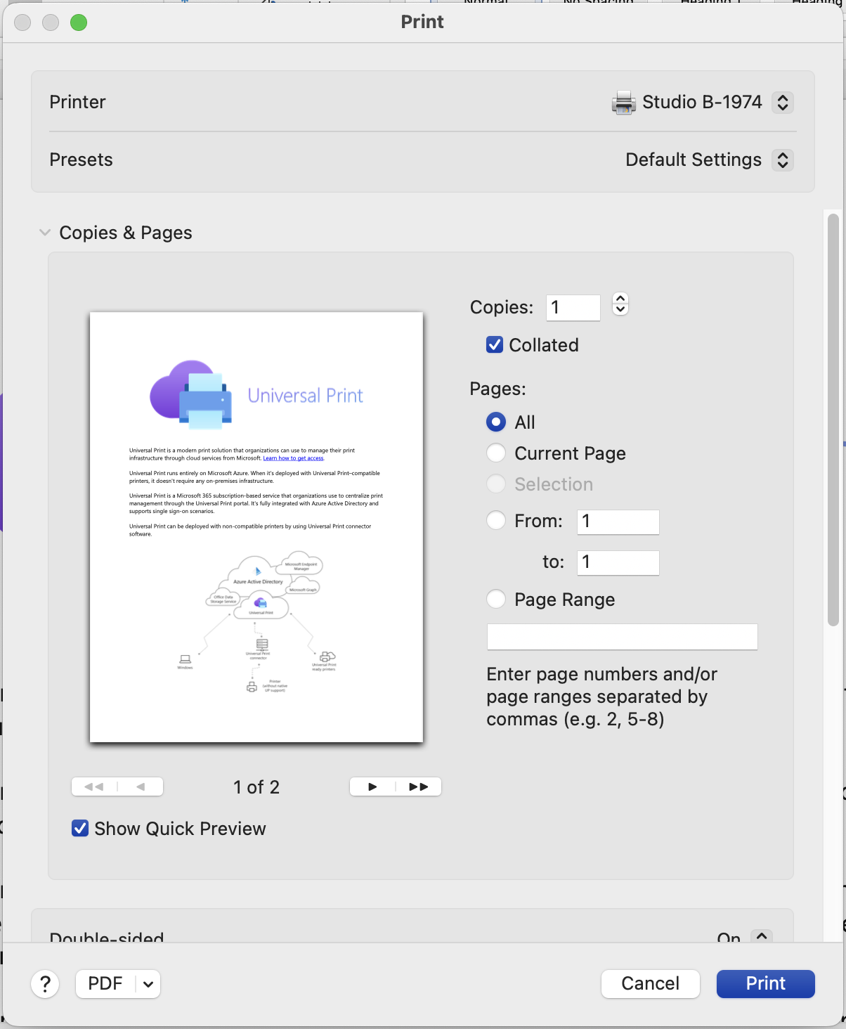 Captura de ecrã da caixa de diálogo de impressão do sistema macOS com uma impressora Universal Print selecionada