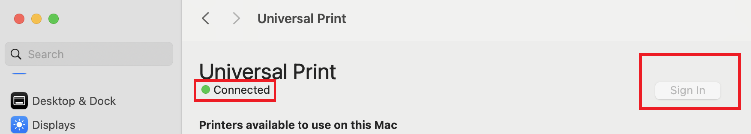 Captura de ecrã de um utilizador com sessão iniciada na aplicação Universal Print no macOS