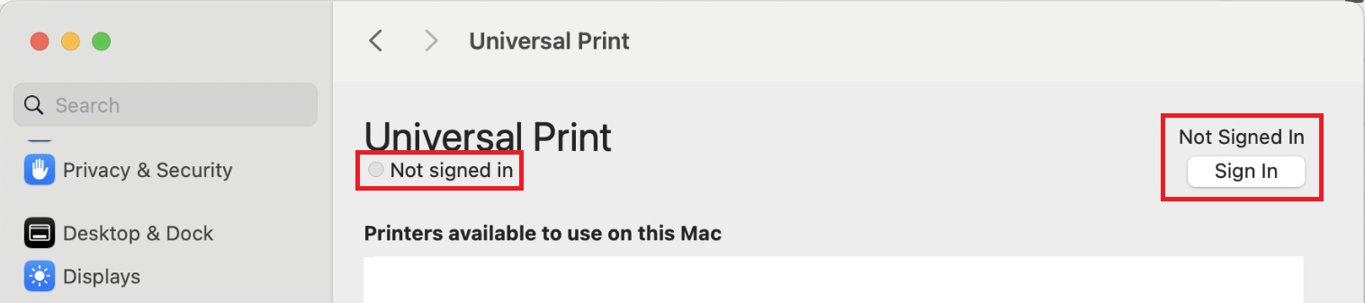 Captura de ecrã de um utilizador com sessão iniciada na aplicação Universal Print no macOS