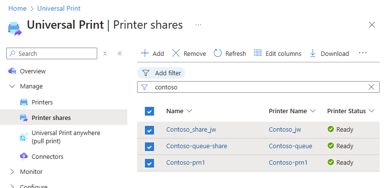 Uma captura de tela mostrando como excluir vários compartilhamentos de impressora usando o portal Universal Print.