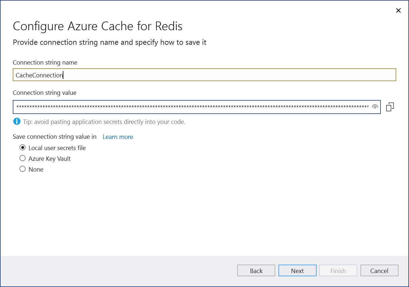 Captura de tela da página de informações de conexão do Cache do Azure para Redis. Avançar está realçado.