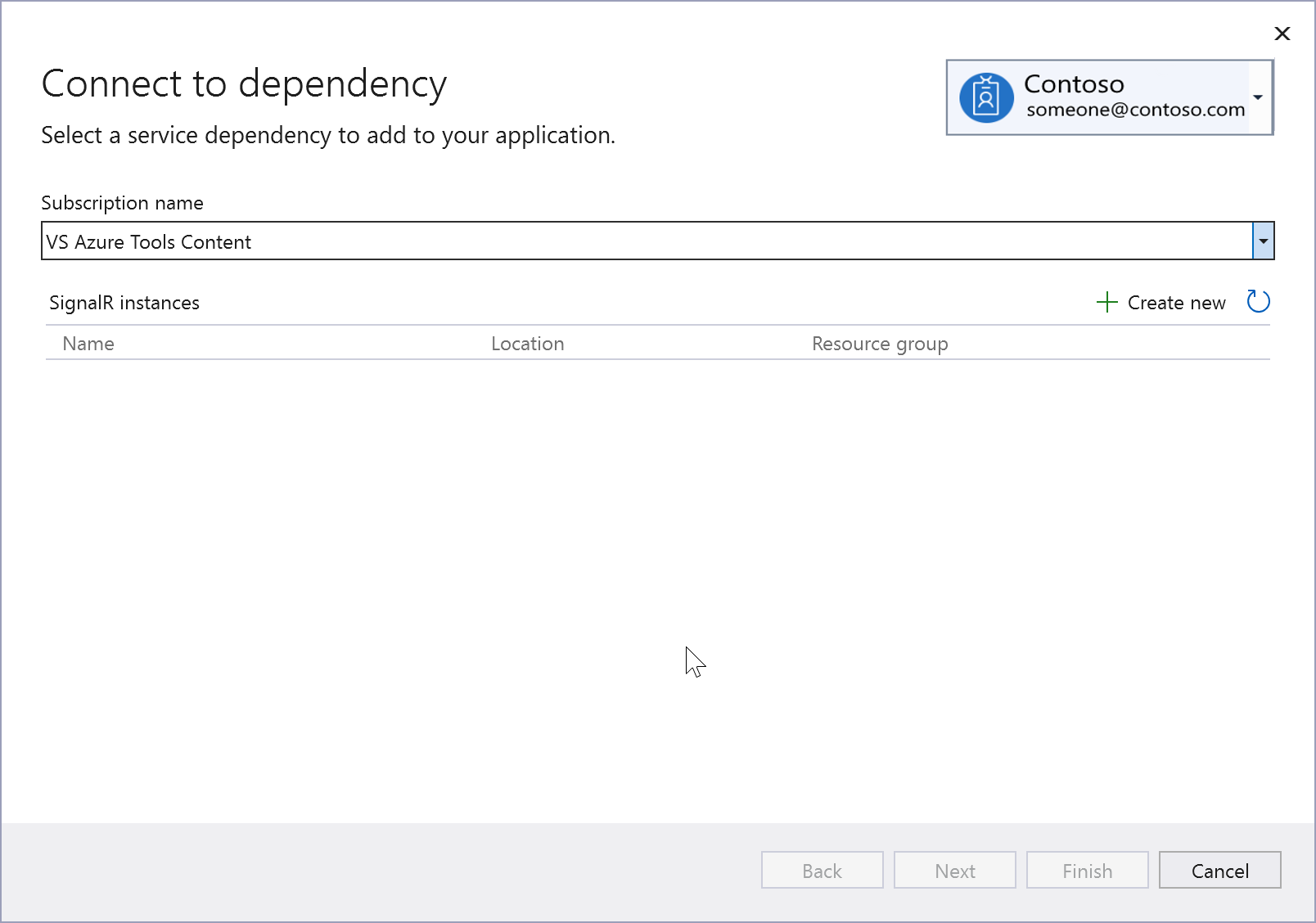 Captura de tela mostrando Conectar-se à dependência para o Azure SignalR.