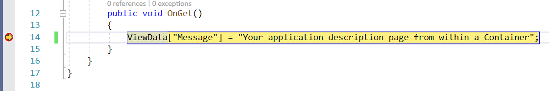 Captura de tela mostrando parte do código do Index.cshtml.cs no Visual Studio com um ponto de interrupção definido à esquerda de uma linha de código realçada em amarelo.