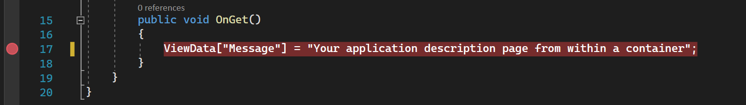 Captura de tela mostrando parte do código do Index.cshtml.cs no Visual Studio com um ponto de interrupção definido à esquerda de uma linha de código realçada em amarelo.