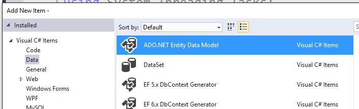 Captura de tela mostrando como criar um novo Modelo de Dados de Entidade ADO.NET usando a caixa de diálogo Adicionar novo item.